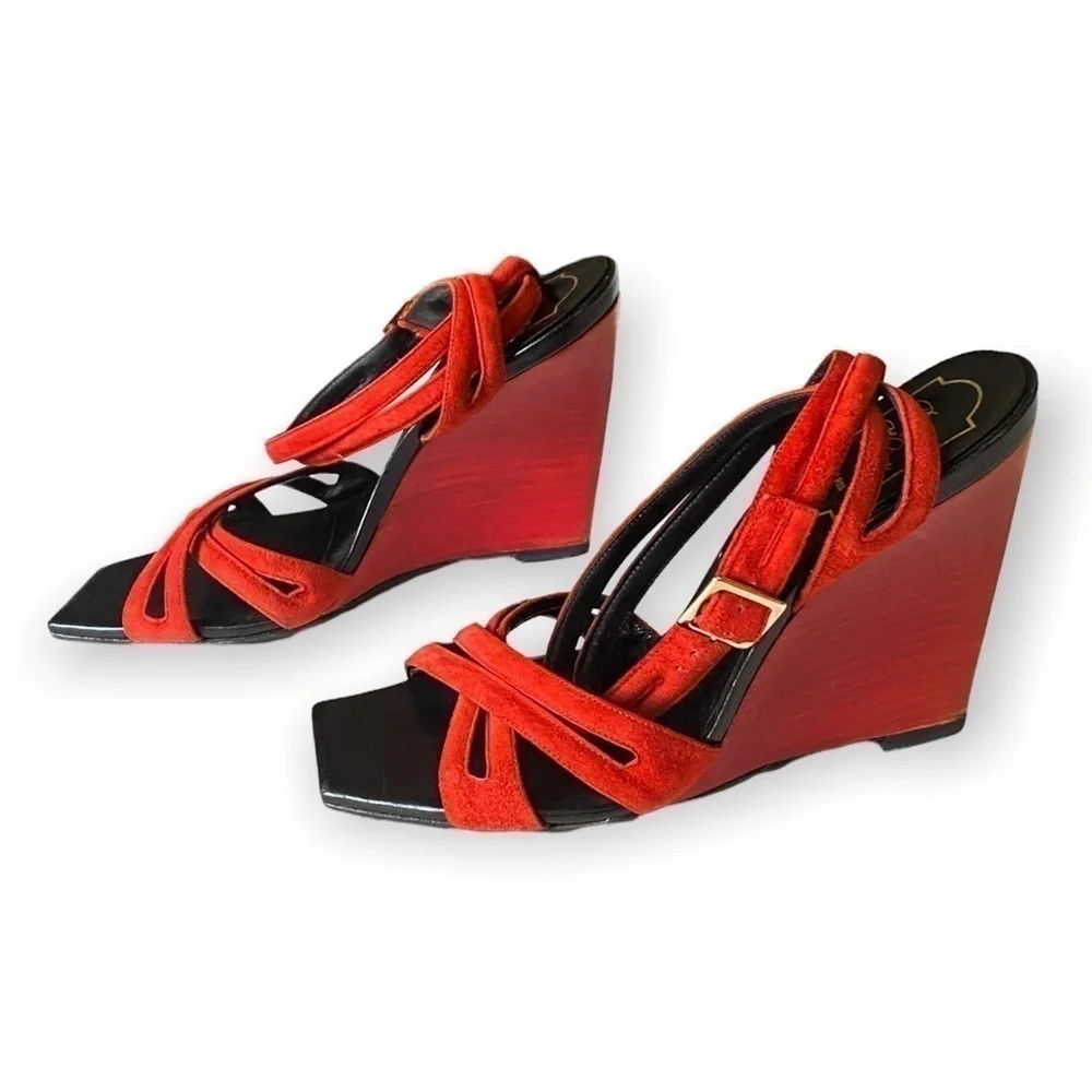 ROGER VIVIER Suede Wedge Sandals Size:‎ 37.5 EU, Red